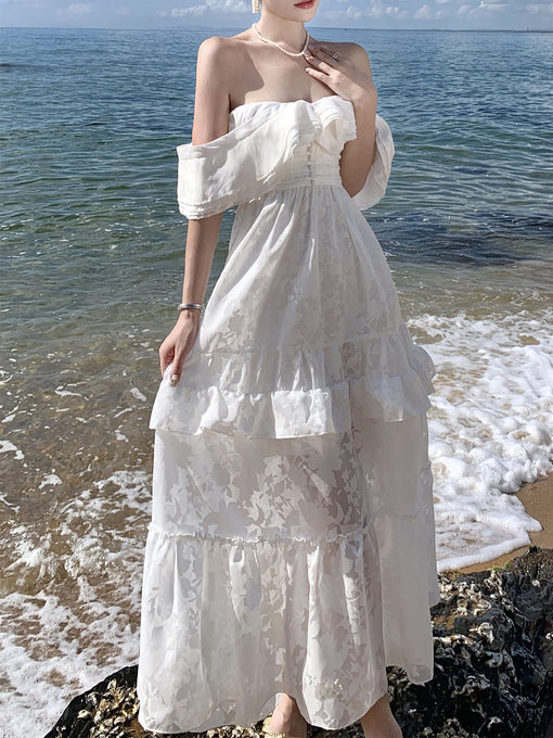 Women's Bohemian White V Neck Ruffles Maxi Boho Dress