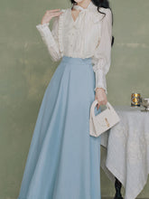 Load image into Gallery viewer, 1950S Vintage Embroidered  White Shirt And Blue Swing Skirt Set
