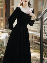 Load image into Gallery viewer, White Bertha Collar 1950S Black Velvet Hepburn Style Vintage Dress