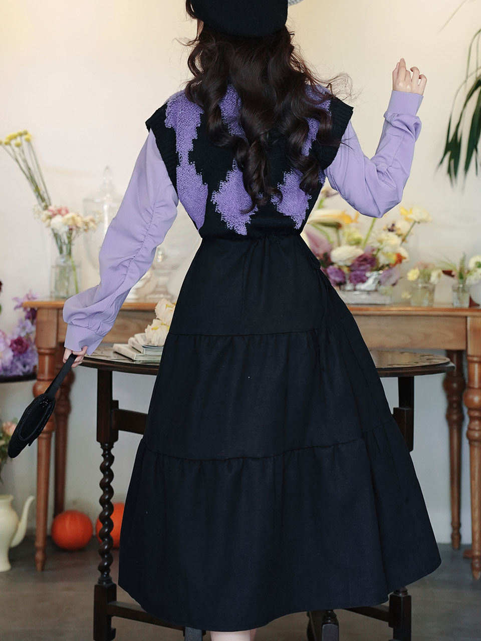 Purple Knitted Vest Fake Two Piece Long Sleeve Vintage Winter Dress Jolly Vintage Purple Knitted Vest Fake Two Piece Long Sleeve Vintage Winter Dress Jolly Vintage