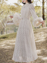 Load image into Gallery viewer, Apricot Lace Fur Sleeve 1950S Vintage Dress With Pearl Belt
