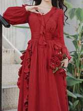 Load image into Gallery viewer, Red Rose V Neck Ruffles Long Sleeve Princess 1950S Vintage Dress