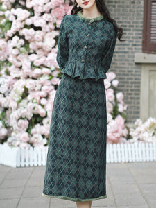 Blue Maisel Style Long Sleeve Retro Diamond Plaid Coat and Skirt Vintage Suit For Women