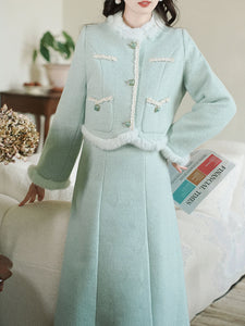 2PS Green Long Sleeve Warm Coat With Suspender Skirt Vintage Suit