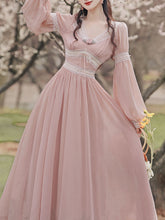 Load image into Gallery viewer, Pink Rose Girl Retro Lace V-neck Chiffon Long Lantern Sleeve Coquette Dress