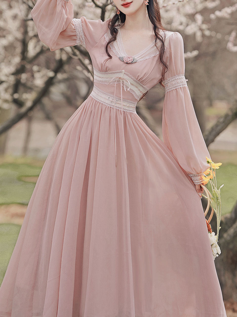 Pink Rose Girl Retro Lace V-neck Chiffon Long Lantern Sleeve Coquette Dress