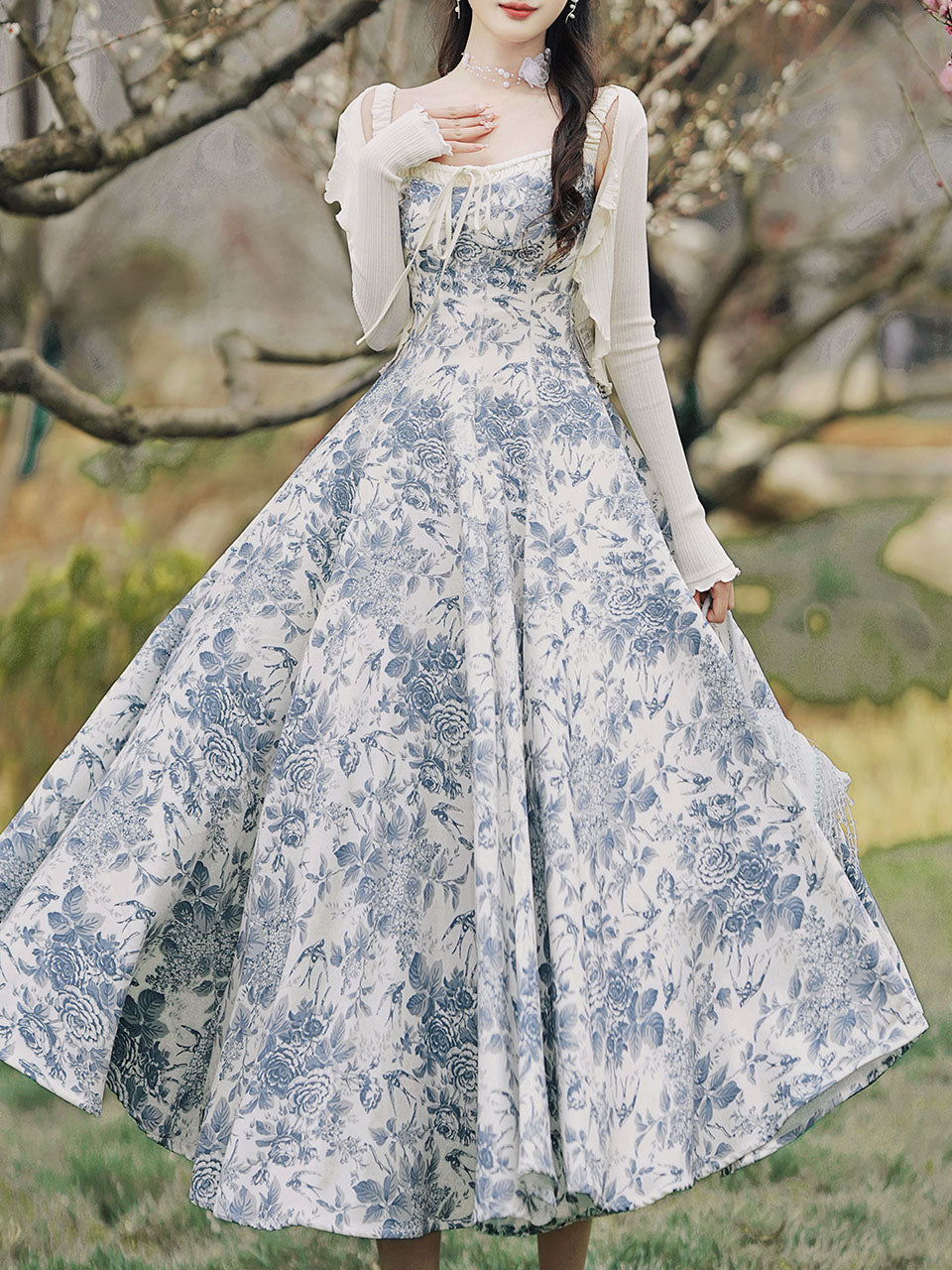 2PS Apricot Cardigan With Blue Porcelain Pattern Swing Dress, Blue / M