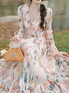 1950S White Ruffles V Neck Floral Print Swing Dress For Women