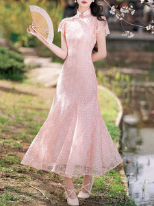 Pink Lace Puff Sleeve Cheongsam Fishtail Vinatge Dress