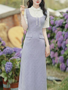 Purple Peter Pan Collar Puff Sleeve Preppy Dress