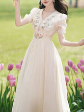 Load image into Gallery viewer, White V Neck Short Embroidered Puff Sleeve 1950S Vintage Dress