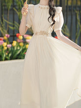 Load image into Gallery viewer, White Ruffles Collar Embroidered Puff Sleeve 1950S Vintage Dress