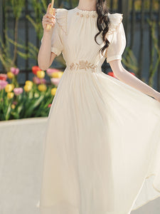White Ruffles Collar Embroidered Puff Sleeve 1950S Vintage Dress