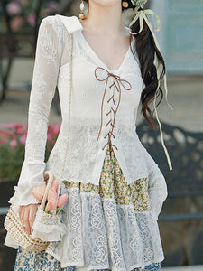 1950S Vintage White Lace Top and Flowers Print Swing Skirt Vintage Cottagecore Outfits
