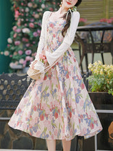 Load image into Gallery viewer, 2PS White Floral Print Spaghetti Strap 1950S Vintage Dress With Long Sleeve Ruffles Cardigan