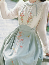 Load image into Gallery viewer, 2PS Blue Stand Collar Embroidered Top and White Horse-face Skirt Vintage Suits
