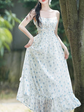Load image into Gallery viewer, 2PS Blue Floral Print Ruffles Spaghetti Strap Princess Dress With Cardigan Suit