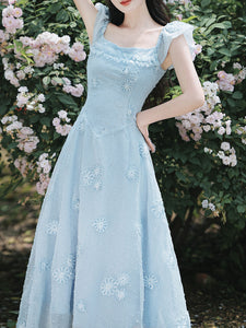 Baby Blue Sea Salt Flowers Delicate Fabric Square Neck Vintage Midi Cute Dress