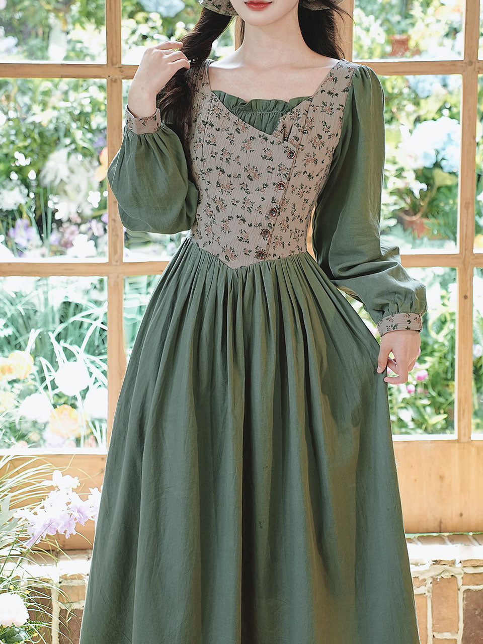 Green Floral Print Long Sleeve Vintage Cottagecore Cotton Dress, Green / Xs Green Floral Print Long Sleeve Vintage Cottagecore Cotton Dress, Green / Xs