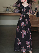 Load image into Gallery viewer, Black V-neck Floral Print Long Sleeve Maxi Dress