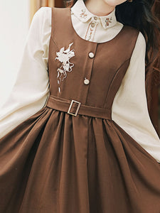 2PS Embroidered Stand Collar Vintage Fall Shirt Set Dress