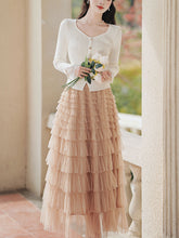 Load image into Gallery viewer, 2PS White V Neck Knitted Sweater and Swing Mesh Fairy Skirt Dress Set