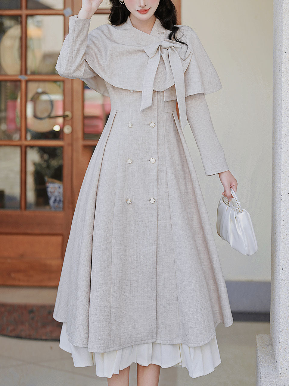 1950S Grey Bow Vintage Cape Long Dress Coat Jolly Vintage 1950S Grey Bow Vintage Cape Long Dress Coat Jolly Vintage