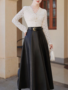 2 Piece Cardigan Top With PU Swing Skirt 1950s Vintage Outfits