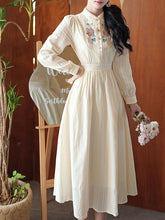 Load image into Gallery viewer, White Stand Collar Long Sleeved Embroidered Cotton Dress