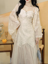 Load image into Gallery viewer, White Jacquard Acetate Spaghetti Strap with Tulle Wedding Maxi Dress and Butterfly Cardigan