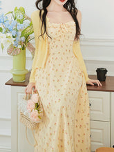 Load image into Gallery viewer, 2PS Yellow Floral Spaghetti Strap 1950S Vintage Dress With Long Sleeve Ruffles Cardigan