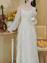 Load image into Gallery viewer, Vintage White Square Neck Butterfly Sequins  Lace Ruffle Long Sleeve Dress