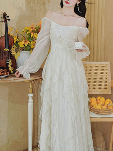 Vintage White Square Neck Butterfly Sequins  Lace Ruffle Long Sleeve Dress
