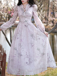 Purple Stand Collar Puff Long Sleeve Vintage Dress