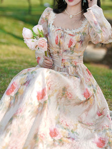 Pink Square Collar Floral Lace Ruffles Edwardian Revival Vintage Dress