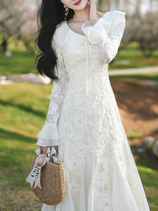 White V Neck Lace Flowers Long Sleeve Fishtail Wedding Vintage Dress