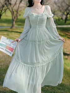 Green Square Collar Lace Ruffles Edwardian Revival Vintage Dress