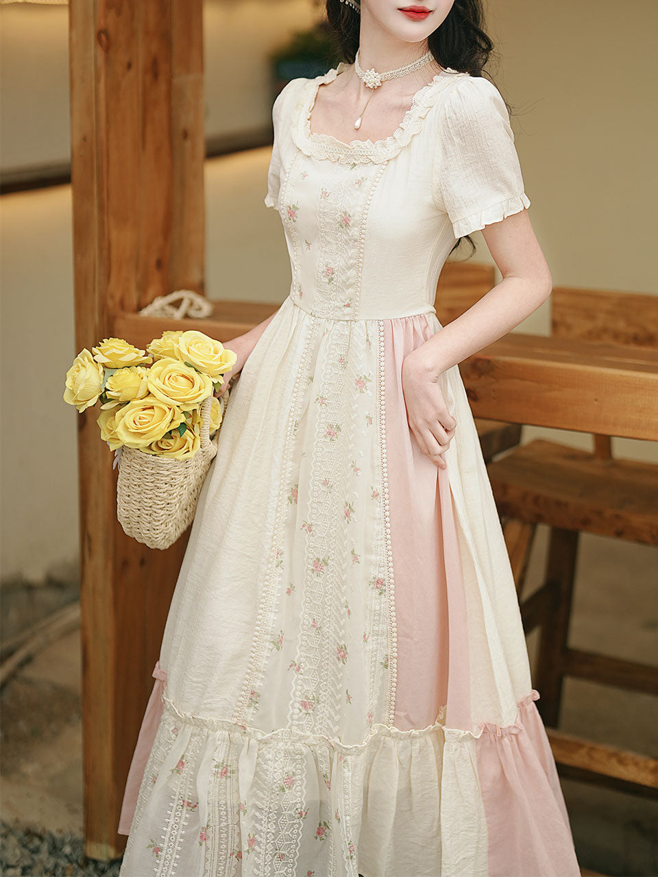 vintage cottagecore wedding dress Pink Square Neck Floral Print Short Sleeve Vintage Cottagecore Cotton – Jolly Vintage