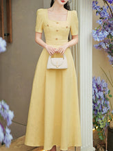 Load image into Gallery viewer, Yellow Square Neck Short Sleeve 1950S Vintage Dress