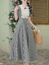 Load image into Gallery viewer, Black and White Plaid Lace Peter Pan Collar 1950s Vintage Dress