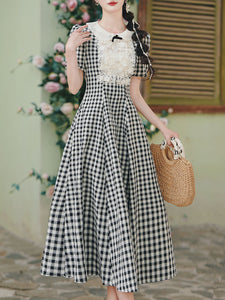 Black and White Plaid Lace Peter Pan Collar 1950s Vintage Dress