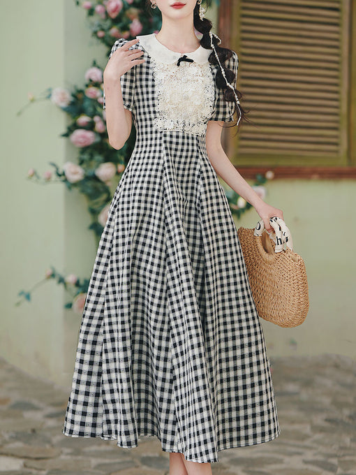 Black and White Plaid Lace Peter Pan Collar 1950s Vintage Dress