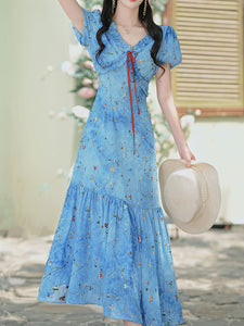 Blue Starry Night Sky Tie Dye V Neck Puff Sleeve Vintage Dress