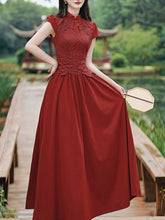 Load image into Gallery viewer, Red Cheongsam Cap Sleeve Lace Vintage Dress