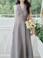 Load image into Gallery viewer, Grey V Neck Plaid Vintage Dress