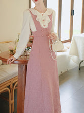 Load image into Gallery viewer, Pink Tweed Fake Two-Piece Dress with Ruffle Collar Vintage Dress