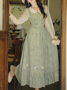 Green Peter Pan Collar  Luxurious Embroidered Long Sleeve Vintage Dress
