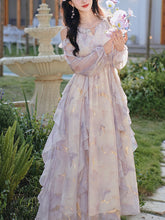 Load image into Gallery viewer, Vintage 1970s Floral Print Lavender Chiffon Ruffled Off-Shoulder Long Sleeve Maxi Dress