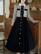 Load image into Gallery viewer, Black Tweed Fake Two-Piece Long Sleeve Vintage Dress