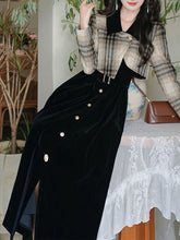 Load image into Gallery viewer, Black Plaid Tweed Fake Two-Piece Long Sleeve Vintage Dress
